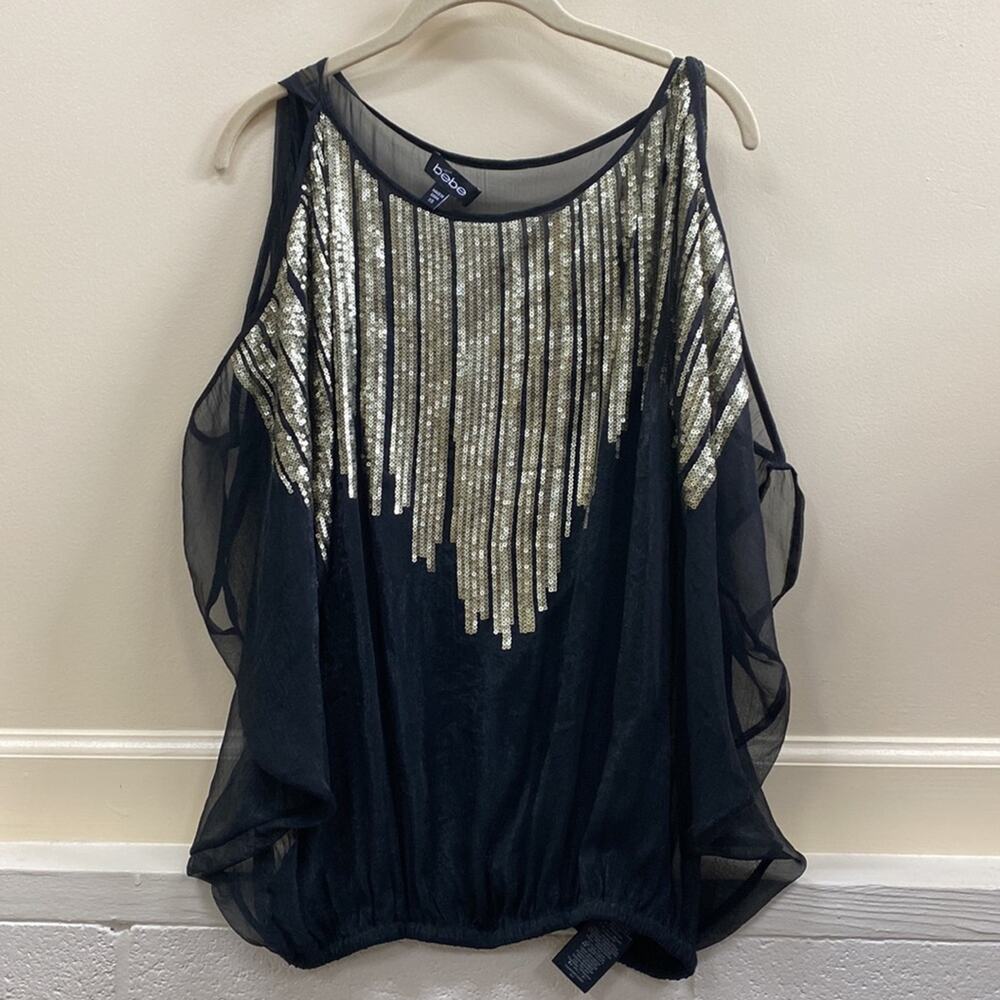Bebe women’s size XS sequined cold shoulder blouse top